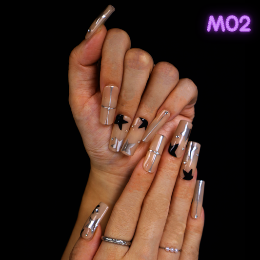 M02 Black&Silver Stars Middum Square Handmade Press-on Nails